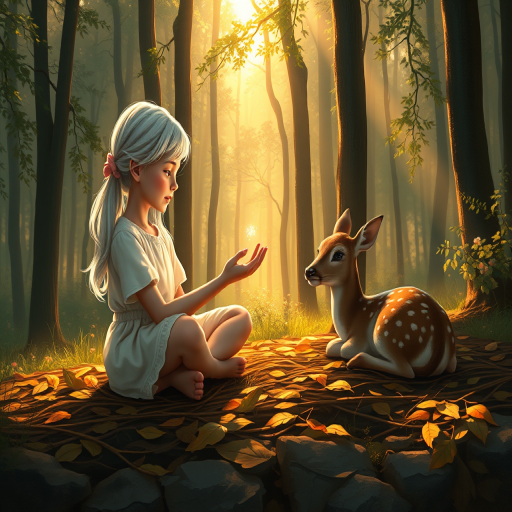 A luminous digital painting of a serene forest scene featuring a barefoot young female, about 7 years old, with white hair and fair skin, dressed in a simple white outfit. He sits cross-legged on the forest floor, gazing at a small, glowing, magical firefly in his hand. Beside him, a delicate spotted deer lies calmly on a bed of dried leaves, observing the scene. The dense forest is bathed in warm, golden light filtering through the trees, creating a peaceful, magical atmosphere with a blend of natural and mystical elements.