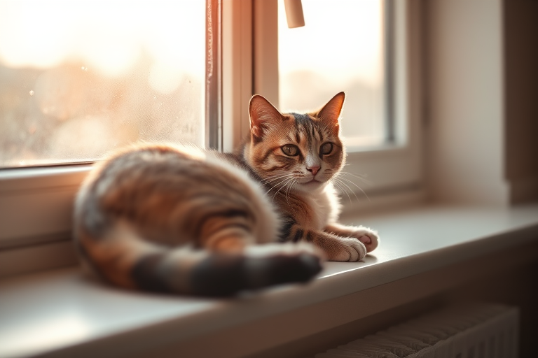 Generate a high-resolution image of a cat lounging on a sunny windowsill with soft natural lighting, captured using a DSLR camera with a 50mm lens at f/1.8, ISO 100, and a shallow depth of field to create a blurred background, taken from a slightly elevated angle to emphasize the cat's relaxed posture.