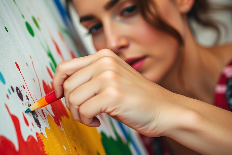 Close-up of a woman's hands painting a canvas, vibrant colors blending together, her focused expression highlighting the passion for her craft.