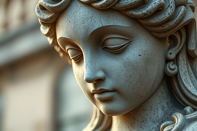Create an artistic close-up of a weathered stone statue with detailed textures and soft lighting, using a Nikon D850 with a 50mm lens, aperture f/1.8, ISO 200, and a shallow depth of field to blur the background for emphasis on the statue.
