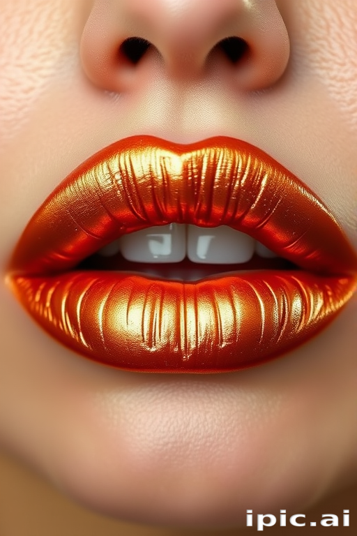 Metallic copper lips with a foiled texture, titled "Penny Gleam," exhibit a warm, autumn-inspired hue and unique light-reflecting properties