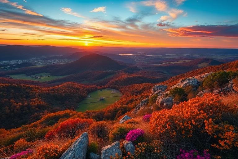 Capture a high-resolution image of a scenic landscape with vibrant colors, using a DSLR camera at f/8 aperture, ISO 200, shutter speed 1/250 sec, 24mm lens, taken during golden hour for warm lighting and enhanced contrast.