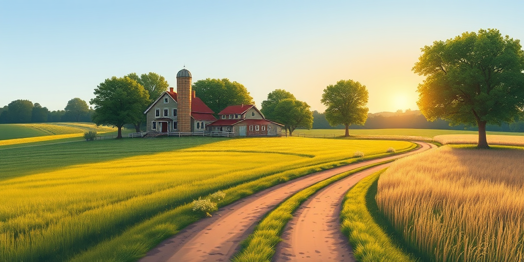 create a high-resolution illustration of a rural landscape featuring a quaint farmhouse and silo surrounded by trees, a winding dirt path leading to the property, under a clear sky with a soft, setting sun in the background, captured with a DSLR camera, 50mm lens, f/8 aperture, ISO 100, and a shallow depth of field for enhanced clarity and detail.