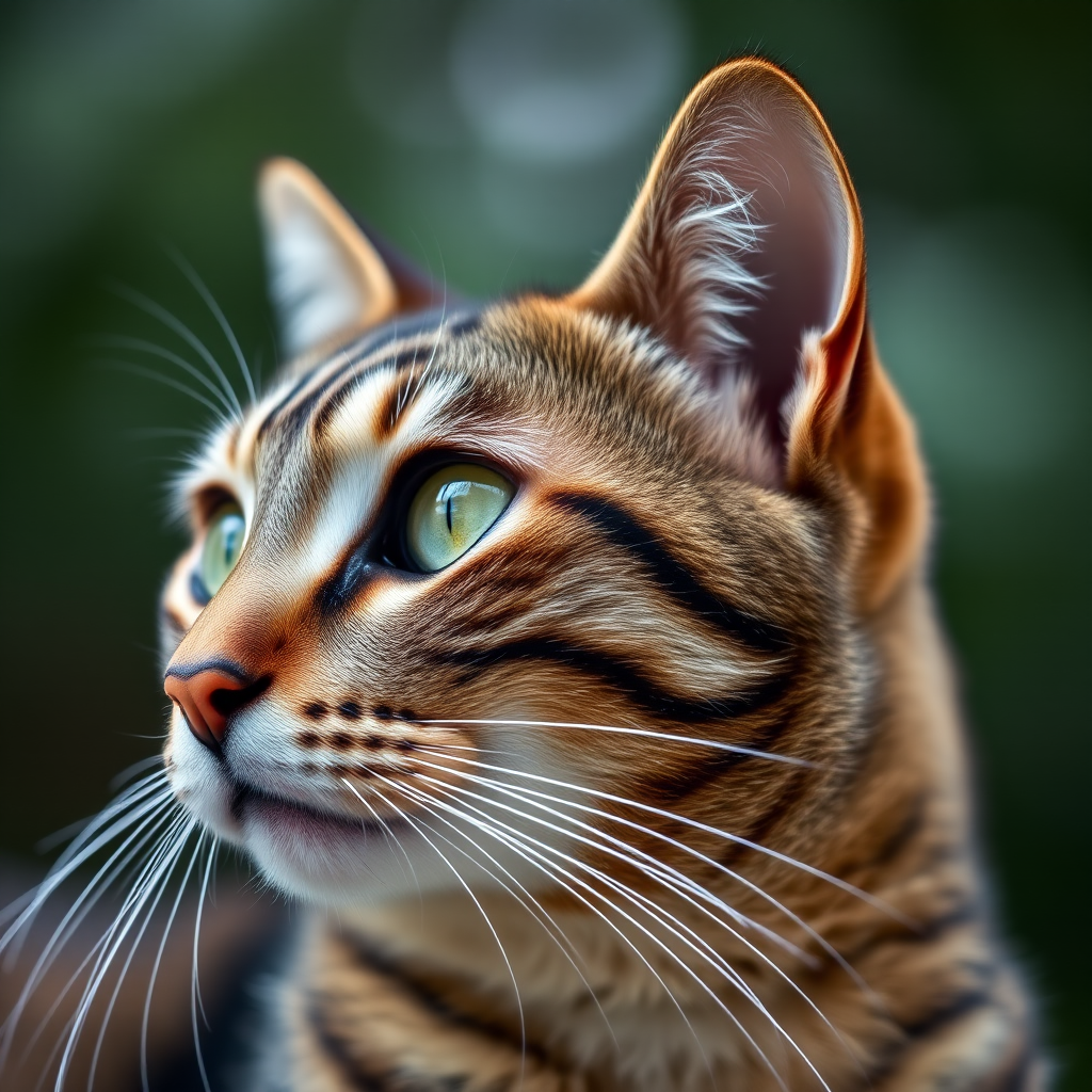 a close-up shot of a tabby cat with vibrant green eyes looking off to the side, soft bokeh background, taken with a DSLR camera, 85mm lens, f/1.8 aperture, ISO 200, natural daylight, high contrast