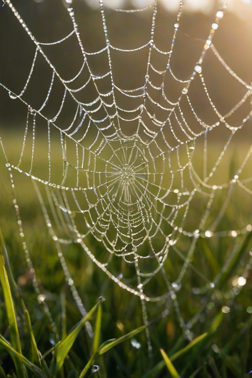 High-resolution close-up of a dew-covered spiderweb glistening in the early morning light, soft focus on the surrounding grass, with tiny droplets of water sparkling like diamonds.