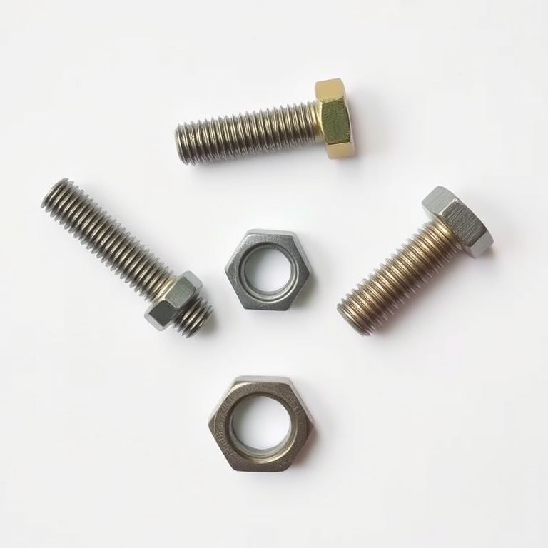 A high-resolution image of three distinct types of bolts and one nut arranged neatly on a white background, captured with a Canon EOS R5 camera using a 50mm f/1.2 lens, aperture set to f/4, ISO 100, shutter speed 1/200s, top view, soft natural lighting to enhance details and textures.