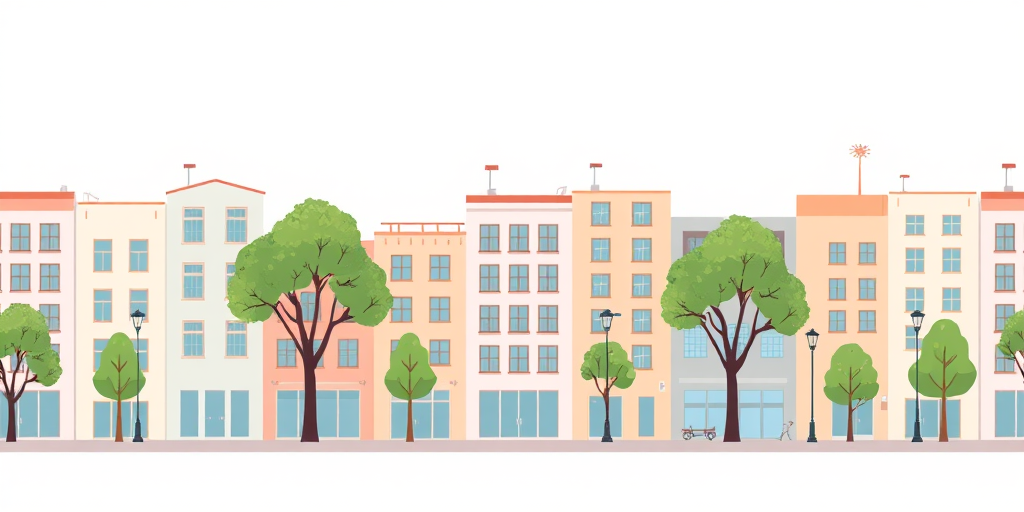 Regenerate a seamless pattern of illustrated modern buildings with trees and street lamps, using a soft pastel color palette, captured with a DSLR camera at f/8 aperture, 1/125 shutter speed, ISO 200, in a flat lay view with natural lighting to enhance detail and clarity.