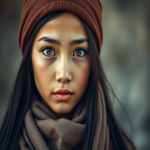 Create a portrait of a young Mongolian female with long, dark hair and captivating hazel eyes. She is wearing a brown headscarf and a matching scarf draped gracefully around her neck. The background is softly blurred, focusing attention on her serene and natural expression. The overall color palette is muted and warm, enhancing the intimate and authentic feel of the portrait.