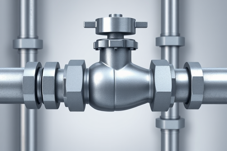 Create a detailed illustration of a metallic pipe valve connected to ...