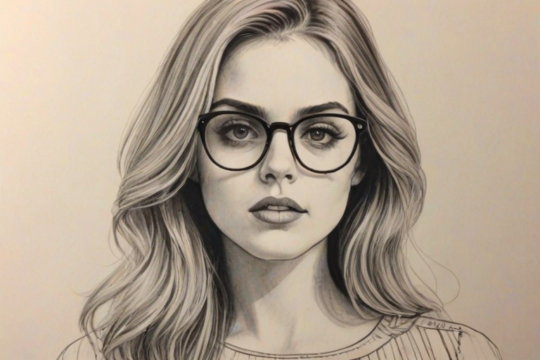 Captivating Anne Winters, pencil sketch, portrait of Magnificent woman 1974s in glasses, hair style beatnik, outline, clear lines, fine lines, 8k