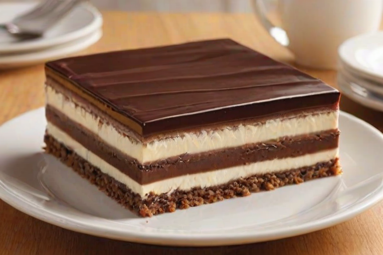 Generate an image of a layered dessert featuring alternating layers of chocolate and cream, with a smooth glossy chocolate topping. The dessert should be shown in a square shape, with a slice removed to reveal the distinct layers of chocolate and cream inside. The setting should have a wooden table surface.