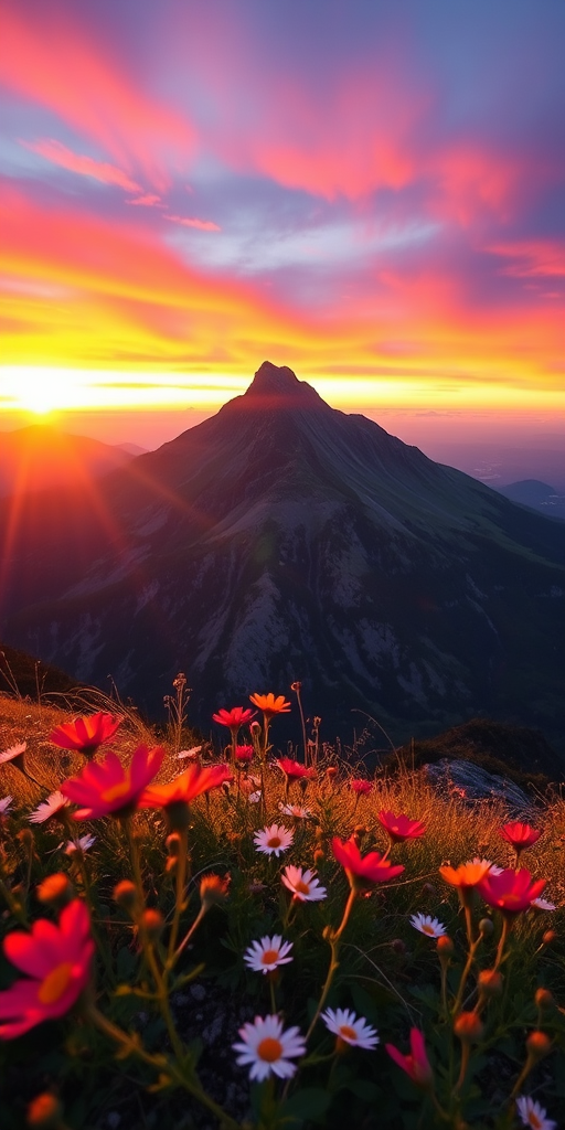 Generate an image of a serene mountain landscape at sunrise with vibrant colors, focus on the foreground flowers, use a DSLR camera, aperture f/8, ISO 100, shutter speed 1/250, wide-angle lens, captured in natural lighting for enhanced clarity.