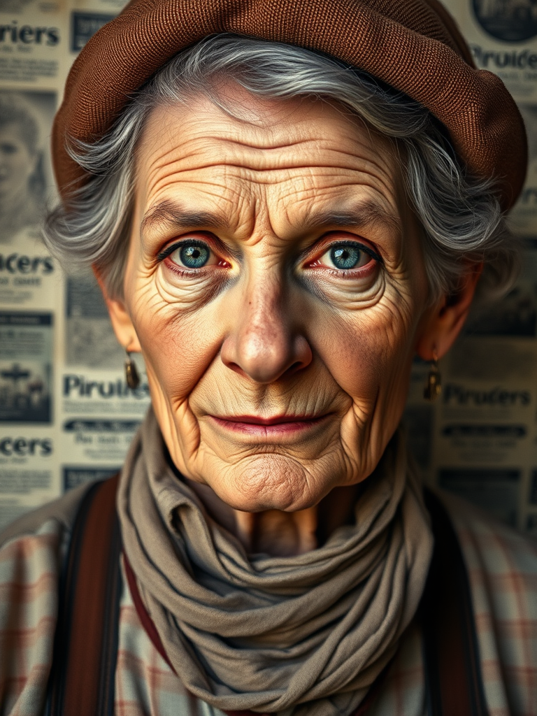 Create an artistic portrait of a vintage character with a focus on facial expression, blending newsprint textures in the background, using a Canon EOS R with a 50mm f/1.8 lens, set at ISO 200, aperture f/2.8, shutter speed 1/125s, in portrait orientation with soft diffused lighting for enhanced detail and depth.