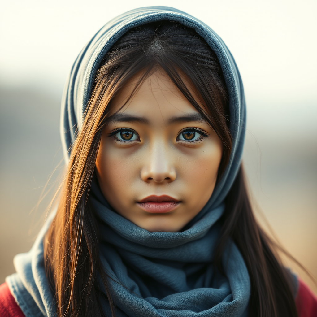 Create a portrait of a young Mongolian woman with long, dark hair and captivating hazel eyes. She is wearing a blue headscarf and a matching scarf draped gracefully around her neck. The background is softly blurred, focusing attention on her serene and natural expression. The overall color palette is muted and warm, enhancing the intimate and authentic feel of the portrait.