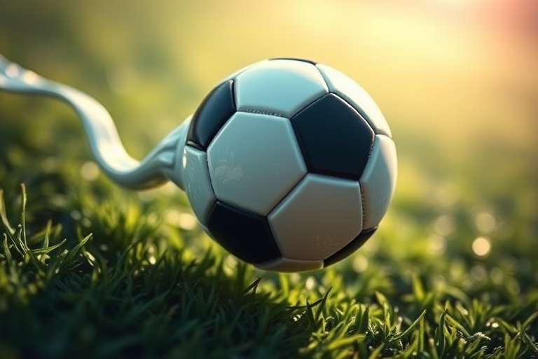 Create a high-resolution illustration of a soccer ball designed as a sperm cell, emphasizing fluid dynamics and playfulness, captured with a DSLR camera at f/2.8, ISO 100, 1/500 sec, in a macro style with a shallow depth of field.