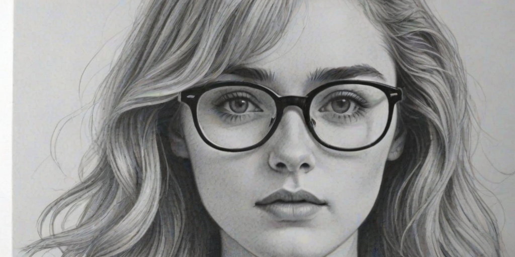 Pleasing Kathryn Newton, pencil sketch, portrait of Attractive woman 1973s in glasses, hair style beatnik, outline, clear lines, fine lines, 8k