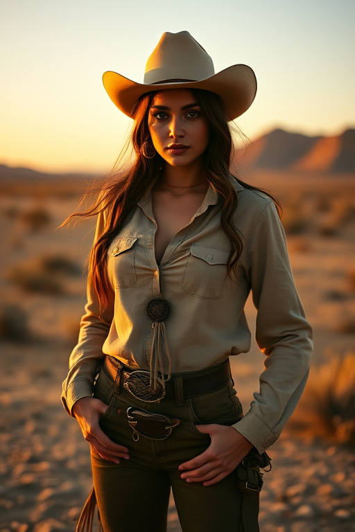 Dramatic photo of a beautiful Persian woman, classic cowboy attire, confident and free spirit expression, half-length portrait, centered, golden hour desert landscape, warm, diffused light, low angle, medium format film camera, in style of Annie Leibovitz.