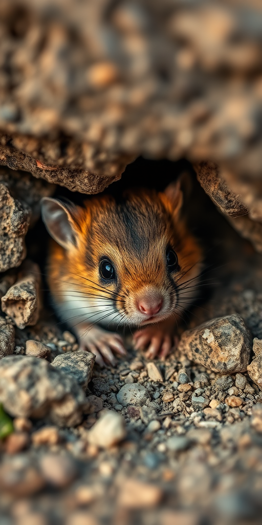 capture a close-up of a small brown mouse hiding beneath a rock with detailed textures of the fur and surroundings in natural light, using a DSLR camera with a 50mm lens, aperture f/2.8, shutter speed 1/200, ISO 100, and a shallow depth of field for enhanced clarity and focus on the mouse