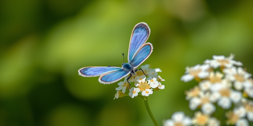 macro shot of a blue butterfly resting on white flowers with a blurred green background, aperture f/2.8, shutter speed 1/250 sec, ISO 200, 50mm lens, DSLR camera, natural light