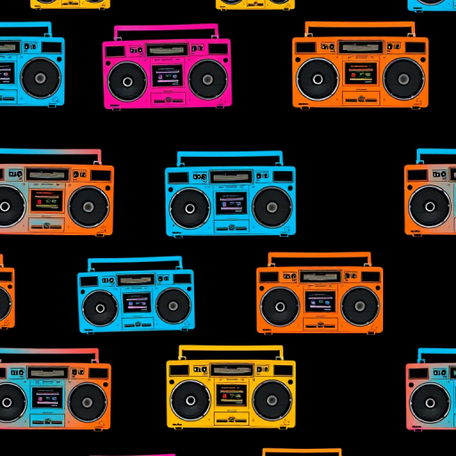 Create a high-resolution seamless pattern of retro boomboxes in vibrant colors (blue, pink, orange, yellow) on a black background, using a 50mm lens, f/8 aperture, ISO 100, and 1/125 sec shutter speed, taken from a top-down perspective with sharp focus and vivid colors using a DSLR camera.