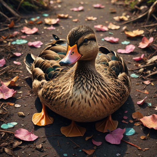 Stunning image of a cute adorable tired looking wacky duck laying flat on the ground, no emotions, moody, grainy, noisy, concept art, by Alberto Seveso, Cyril Rolando, Dan Mumford, Meaningful Visual Art, Detailed Painting, Digital Illustration,