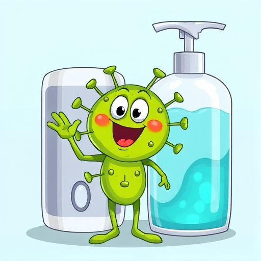 Create a colorful cartoon illustration featuring a friendly green virus character waving next to a large soap dispenser, with a light blue background, using a digital drawing style, high resolution, and set the camera type to digital art, camera view to wide-angle for better composition, with enhanced brightness and contrast settings to improve clarity.