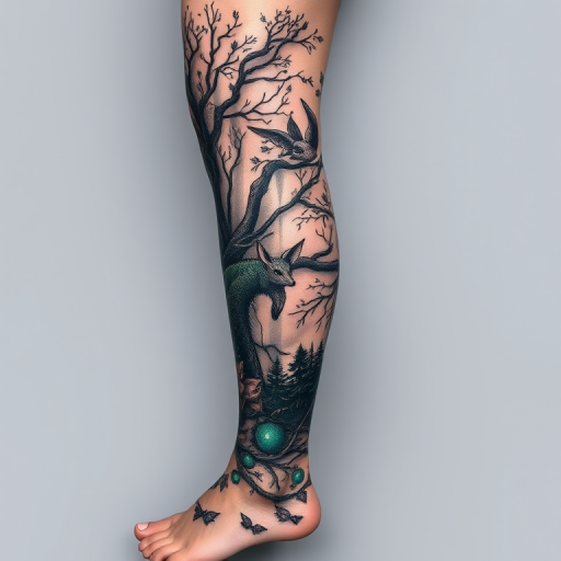 Enchanting body tattoo of a mystical forest scene spanning the entire leg, incorporating photorealistic animals and fairy-tale elements in soft grayscale shading with pops of emerald green