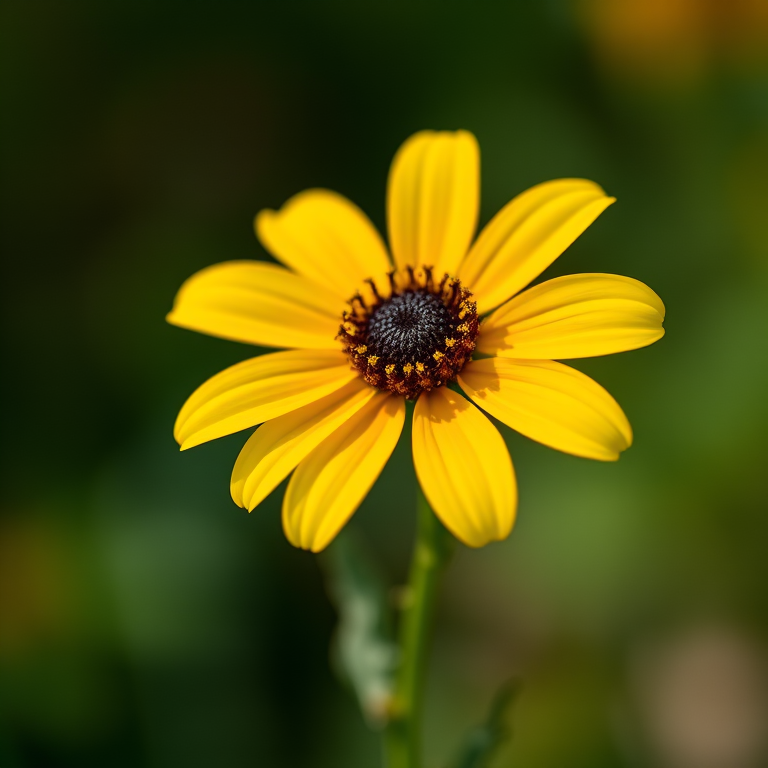 close-up of a yellow flower with a dark center, shallow depth of field, soft focus background, Canon EOS R5, 85mm f/1.2 lens, ISO 100, f/2.8, 1/200s, natural lighting