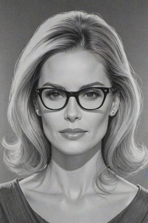 Beauteous Leslie Bibb, pencil sketch, portrait of Bewitching woman 1960s in glasses, hair style beatnik, outline, clear lines, fine lines, 8k