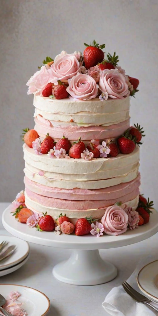 Create an image of a beautifully layered cake adorned with fresh strawberries, delicate pink flowers, and elegant meringues. The cake should have a soft pink frosting and be displayed on a simple white plate against a neutral background, with soft lighting highlighting its details.