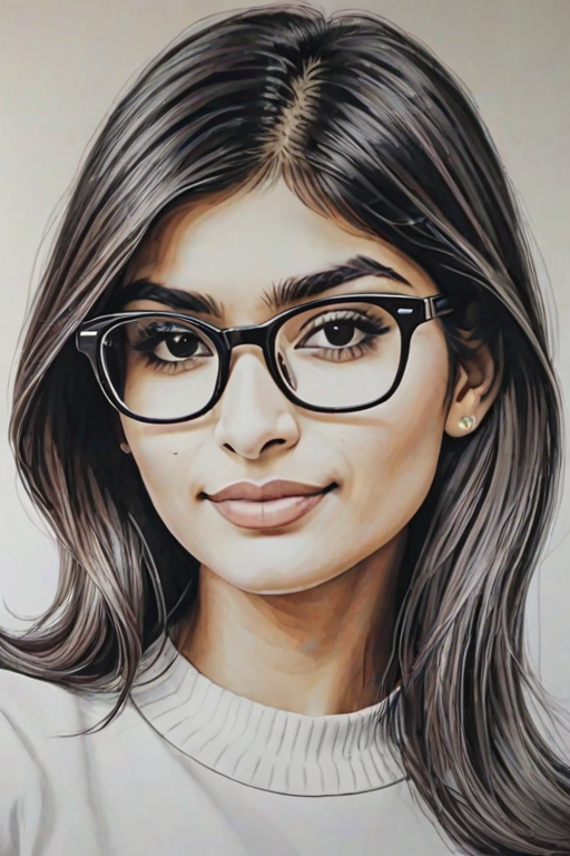 hot mia khalifa, pencil sketch, portrait of beautiful woman 60s in glasses, hair style beatnik, outline, clear lines, fine lines, 8k