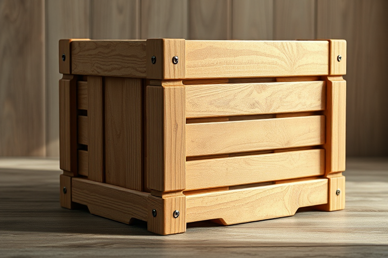 Create a realistic 3D wooden crate, high-resolution, soft natural lighting, shot with a DSLR camera at f/2.8, ISO 100, 50mm lens, from a slightly elevated angle to emphasize texture and detail.