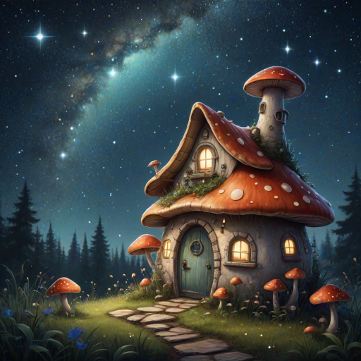 create illustration of a mushroom house with a door and a window, a storybook , fantasy art, mushroom house, bg starry sky, sparkles