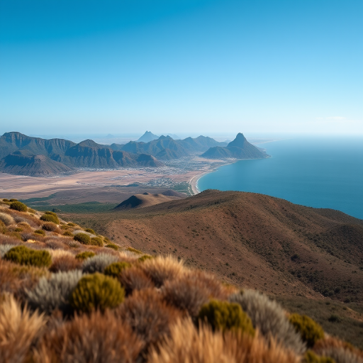 Landscape photograph of a coastal view with mountains and a distant shoreline taken with a Canon EOS 5D Mark IV, 70mm focal length, aperture f/8, ISO 100, using a polarizing filter for enhanced color saturation and contrast, capturing a clear blue sky and rich earth tones.