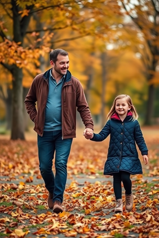 Photo of a man and a young girl holding hands in a park during autumn, with colorful leaves on the ground, taken with a Canon EOS R5 at f/2.8, 1/250 sec, ISO 100, soft natural lighting, portrait orientation, shallow depth of field.