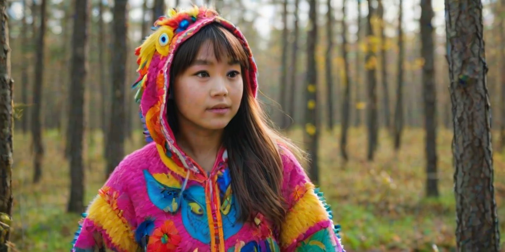 A beautiful Eurasian girl, wearing colorful bird clothing with vibrant colors