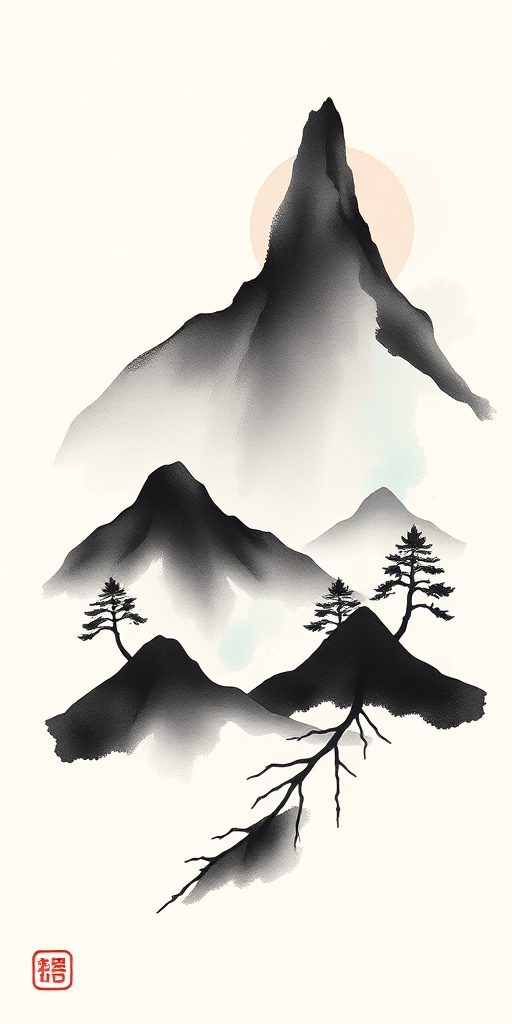 Serene "Zen Brush Stroke" tattoo concept inspired by traditional Japanese sumi-e painting, featuring fluid, expressive black ink strokes that capture the essence of natural forms such as mountains, trees, or waves, with subtle touches of pale blue or soft pink watercolor adding depth and tranquility to the composition, ideal for those seeking a tattoo that embodies mindfulness and harmony