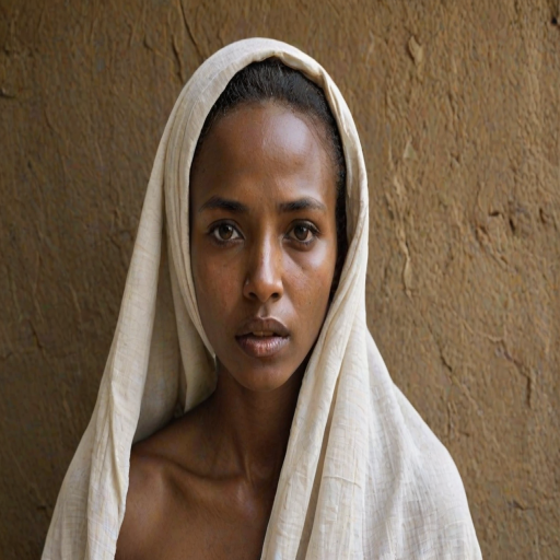 Create a close-up photographic image of a Oromo woman with light skin tones shown against an old, worn wall. Their head is wrapped in a white cloth covering (i.e.... parts of the head except the nose and mouth, which are open as if they are screaming...), with a slight texture and visible folds in the fabric. Thin strands of blonde hair escape from the wrapping above, falling lightly at the top and sides. Their hands hold the fabric as if they are tugging nervously. The lighting is dramatic and even, casting strong shadows. The image has a minimalist and surreal style with an emphasis on simplicity with soft color tones. The composition is centered.