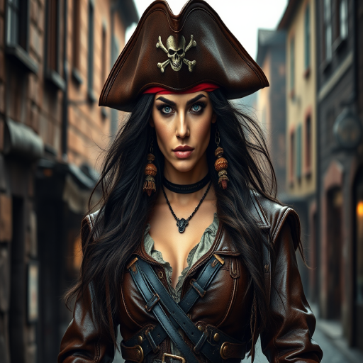 Create a portrait of a fierce female pirate. She wears a leather tricorn hat adorned with a skull and crossbones emblem, and her long, dark hair flows around her face. Her outfit consists of a richly detailed leather jacket, a corset, and multiple layers of belts and accessories, giving her a formidable and stylish appearance. She stands confidently in a dimly lit, historic port town, with a backdrop of weathered buildings and cobblestone streets, capturing the adventurous spirit of a pirate.