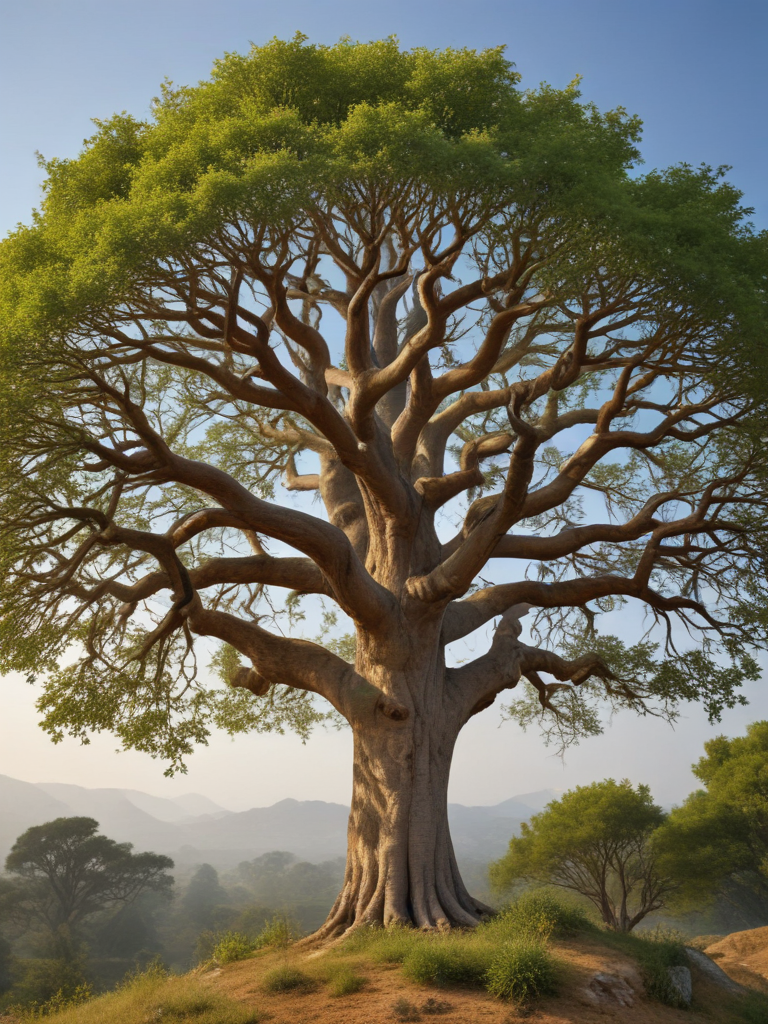 Majestic Tree Standing Tall Against a Serene Landscape at Dawn