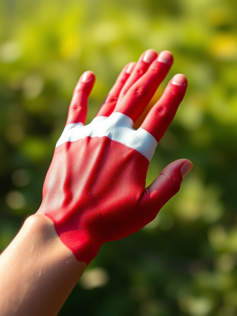 Create an image of a hand painted in red and white stripes resembling the Austrian flag, captured using a DSLR camera with a 50mm lens, f/2.8 aperture, ISO 100, natural lighting, and a shallow depth of field to enhance the vibrancy and focus on the hand's texture.