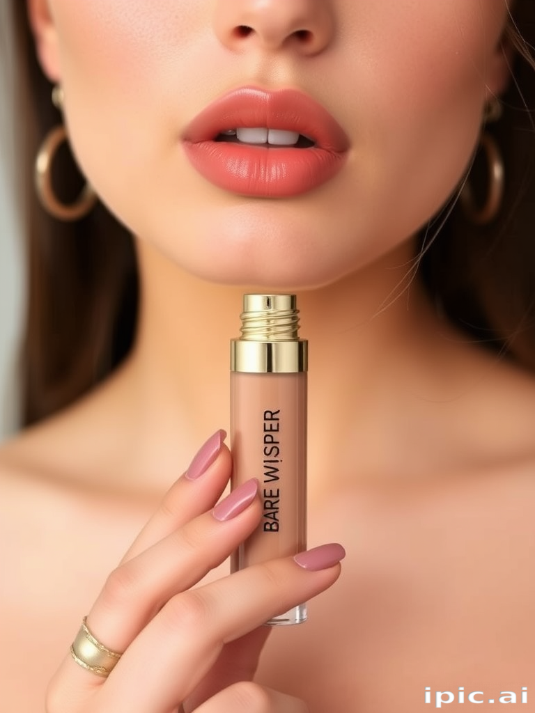 Nude beige liquid lipstick "Bare Whisper" featuring a velvety finish, transfer-resistant formula, and subtle undertones to complement various skin tones