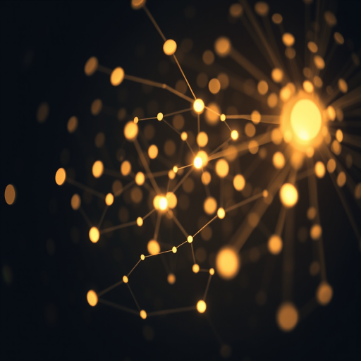 Generate an abstract image of interconnected light nodes in a dark space, using a Canon EOS R with a 24-70mm f/2.8 lens, aperture set to f/4, ISO 100, shutter speed 1/125s, with a soft focus and glowing effect to enhance the ethereal quality and detail.