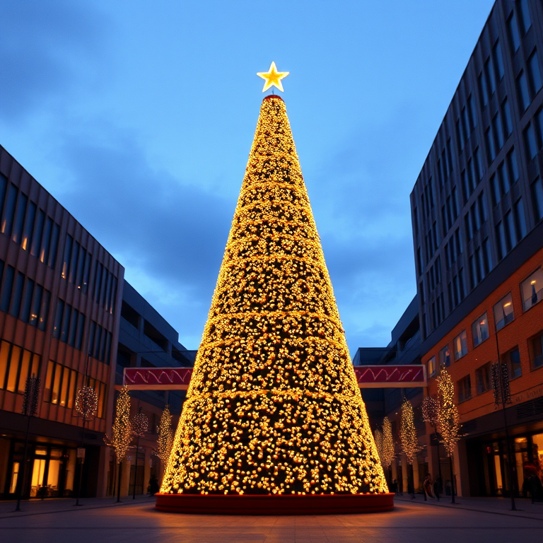 Generate an image of a large, brightly lit Christmas tree with a star on top, set in an outdoor plaza during twilight. The tree should be made of glowing lights arranged in a conical shape, surrounded by modern architecture. The scene should convey a festive and warm atmosphere, emphasizing the tree's height and the twinkling lights.
