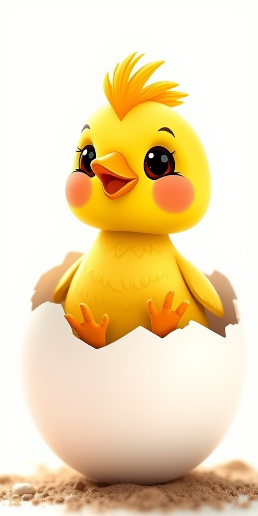 Create a cute cartoon chick hatching from an eggshell, vibrant colors, soft focus lens, 50mm f/1.8, ISO 100, natural light, clear background.