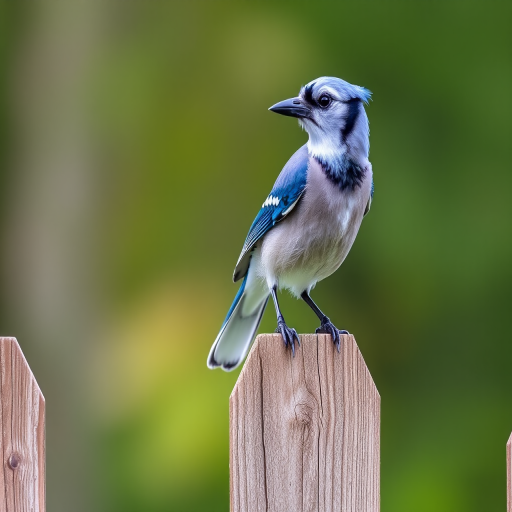 A blue jay perched on a wooden fence with a blurred green background, shot with a DSLR camera at f/2.8 aperture, ISO 200, 1/1000 sec shutter speed, 50mm lens, in natural light for enhanced image quality.