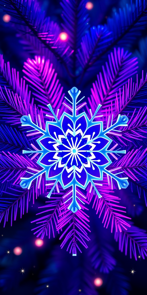 create a digital illustration of a large, intricate snowflake in the center with vibrant purple and blue pine branches surrounding it, soft glowing light emanating from the snowflake, festive background with sparkly accents, shot with a Canon EOS R5, 50mm lens, aperture f/1.8, ISO 200, in a symmetrical composition, vivid colors and high contrast
