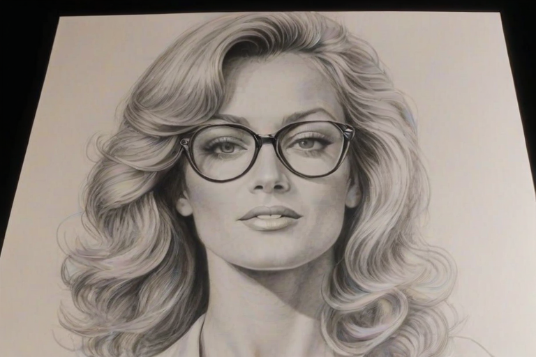 Magnificent Farrah Fawcett, pencil sketch, portrait of Captivating woman 1951s in glasses, hair style beatnik, outline, clear lines, fine lines, 8k