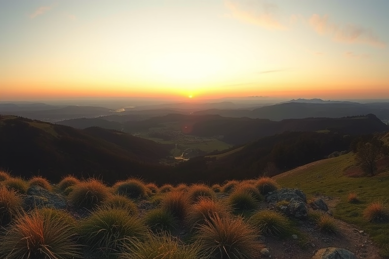 Create a high-resolution image of a serene landscape at dusk with soft lighting, using a DSLR camera, aperture f/8, ISO 200, shutter speed 1/60 sec, wide-angle lens, and capturing a panoramic view for enhanced depth and detail.
