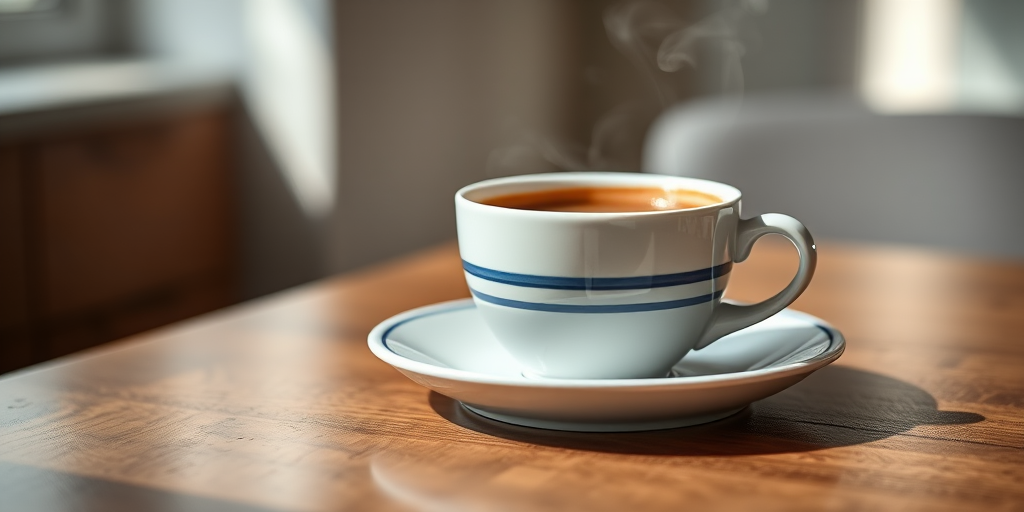 Generate a high-resolution image of a steaming cup of coffee with a white ceramic cup featuring blue stripes on a round saucer, captured in soft natural light, using a DSLR camera at f/2.8 aperture, 50mm lens, ISO 100, and a shallow depth of field for a blurred background effect.